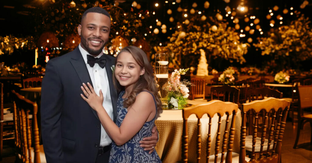 Father and daughter standing together in a gala event space, highlighting the next generation of givers at a fundraising event