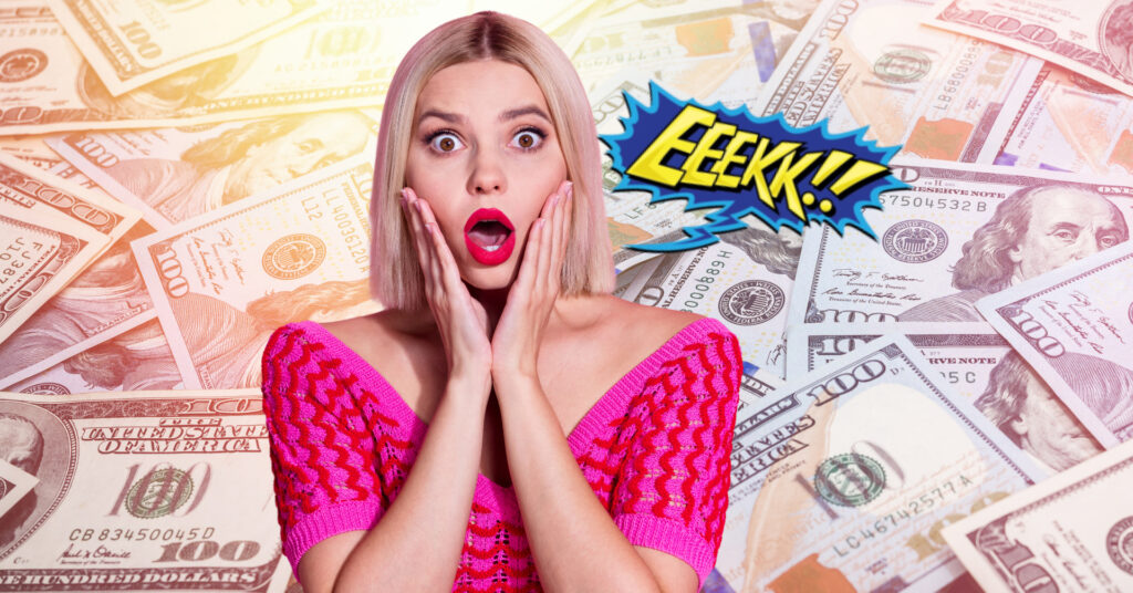 Shocked girl with wide eyes saying “Eeek” against a background of money, representing unexpected fundraising costs or lost revenue.