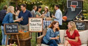 Guests participating in a casual friend-raiser fundraising event with games and social activities.